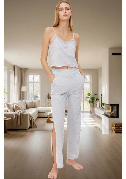 Rahat Kesim Melanj Pijama Takımı Pamuk Polyester V Yaka Uzun Paça ve Şık fiyatları