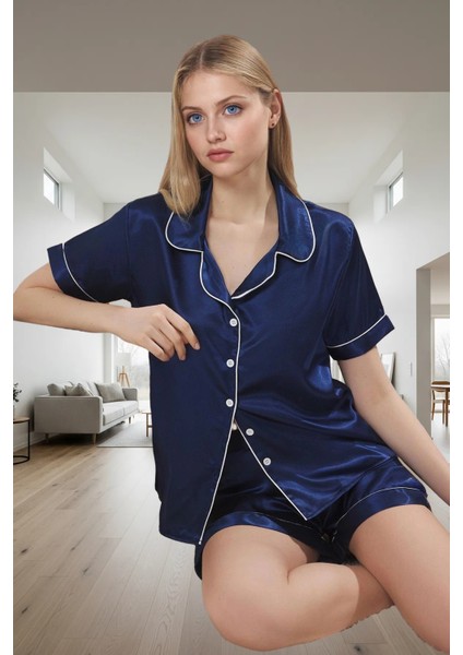 100% Polyester Saten Dokuma Rahat Pijama Takımı Kısa Kol Boru Paça Trend Tasarım