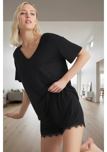 Rahat Ev Giyim 2'li Pijama Takımı Viskoz Örme V Yaka Kısa Kol Uzun Ömürlü Konforlu Kesim