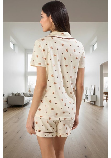 Yazlık %100 Pamuk Pijama Takımı Ayıcık ve Kalp Desenli Şortlu Gömlek Premium Kalite modelleri