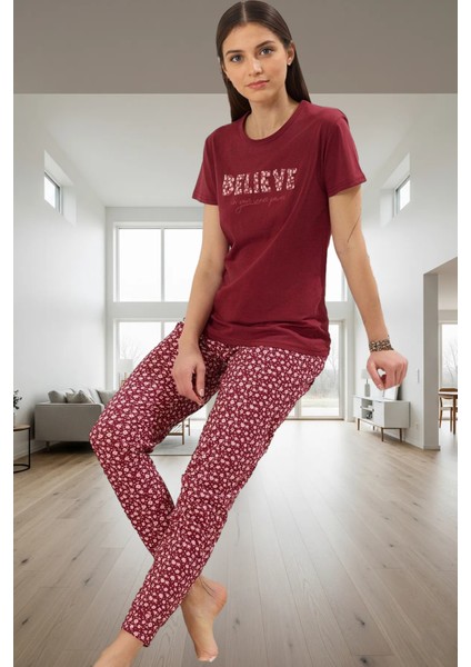 Çiçekli Desenli Pamuklu Pijama Takımı Regular Kalıp Ev Giyim Yüksek Kalite Şık Görünüm