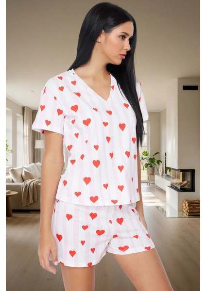 Pamuklu Yazlık Pijama Takımı Kalp Desenli Regular Kalıp Çok 2’li Mükemmel Uyum
