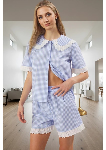 Rahat Yazlık Pijama Takımı Ekose Poplin Gömlek Şort Dantel Detay Özel Tasarım