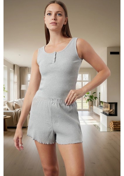 Yazlık Rahat Pijama Takımı Melanj Örme Atlet ve Şort Kullanım Mükemmel Uyum Özel Tasarım