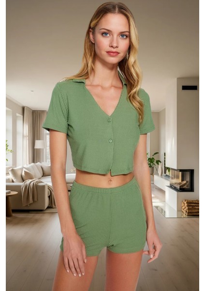 Yazlık 2'li Kaşkorse Pijama Takımı Crop Üst ve Şort Premium Kalite Seçkin Malzeme