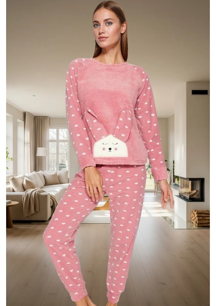 Yumuşak Polar Kumaşlı 3lü Pijama Takımı Kalpli Desenli Kışlık Set Trend Tasarım