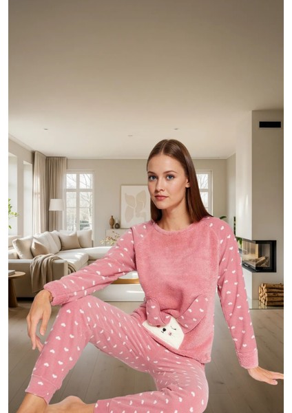 Yumuşak Polar Kumaşlı 3lü Pijama Takımı Kalpli Desenli Kışlık Set Trend Tasarım modelleri