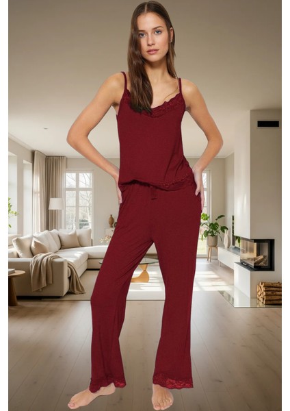 Ince Askılı V Yaka Dantelli Viskoz Örme Pijama Takımı 2'li Rahat ve Şık Kaliteli Işçilik
