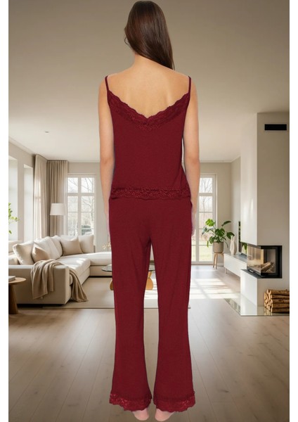 Ince Askılı V Yaka Dantelli Viskoz Örme Pijama Takımı 2'li Rahat ve Şık Kaliteli Işçilik modelleri