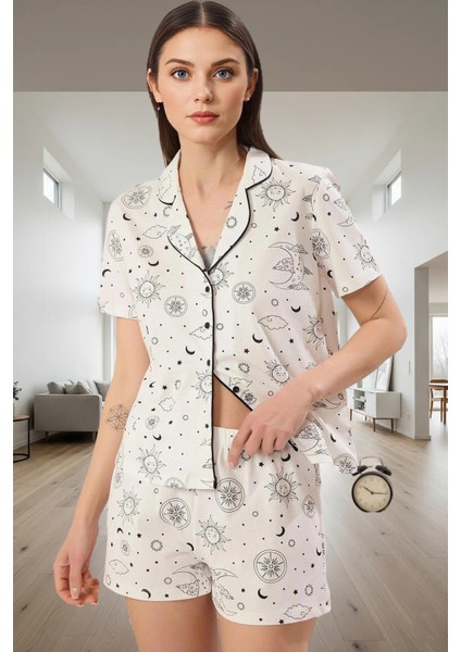 Yazlık %100 Pamuklu Galaksi Desenli Şortlu Pijama Takımı Özel Tasarım Modern Stil fiyatları