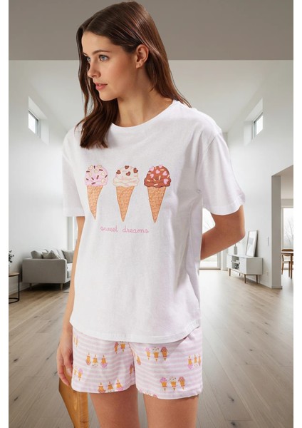 Dondurma Desenli Regular Kalıp Örme Pijama Takımı Seçkin Malzeme Dayanıklı