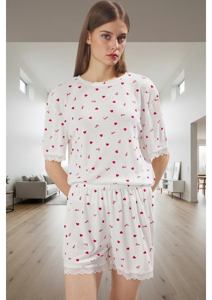 Ev Giyim Örme Pijama Takımı Renk Kalp Desenli Dantel Detaylı Rahat Özel Tasarım fiyatları