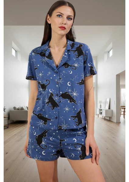 Pamuklu Örme Pijama Takımı Kedi ve Galaksi Desenli Regular Özel Tasarım Kaliteli Işçilik