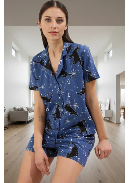Pamuklu Örme Pijama Takımı Kedi ve Galaksi Desenli Regular Özel Tasarım Kaliteli Işçilik fiyatları