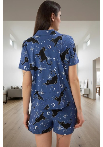 Pamuklu Örme Pijama Takımı Kedi ve Galaksi Desenli Regular Özel Tasarım Kaliteli Işçilik modelleri