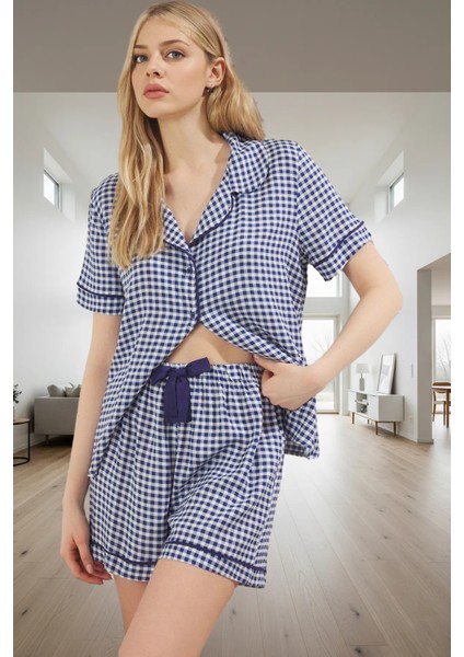 Homewear Ekoseli Şortlu Pijama Takımı %100 Viskoz Regular Kalıp Kaliteli Işçilik fiyatları