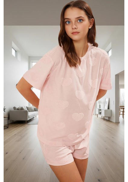 Rahat ve Şık Kalpli Desenli Pijama Takımı Pamuklu Örme Kumaş Profesyonel Görünüm