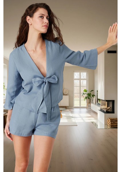 Yazlık Pijama Takımı Müslin Kumaş Şal Yaka Truvakar Kol Rahat Kesim ve Şık modelleri