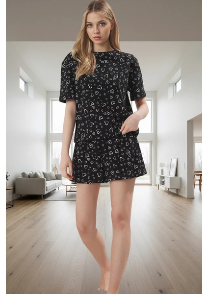 Yazlık Pijama Takımı %100 Pamuk Kalp Desenli Örme Kumaş Boru Paça Şort Rahat ve Şık fiyatları