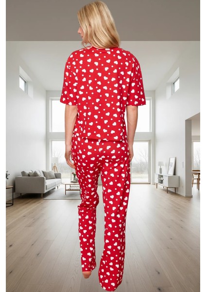 Ilkbahar Sonbahar Homewear %100 Pamuklu Kısa Kollu Kalpli Pijama Takımı Zarifane Tasarım modelleri
