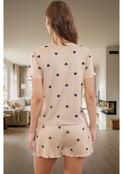 Rahat Yazlık Pijama Takımı Kalpli Desen Örme Kumaş Lastikli Şort Yüksek Kalite Mükemmel Uyum modelleri