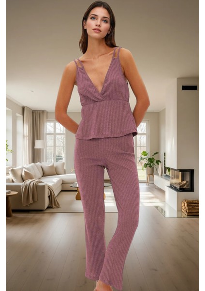 Ince Askılı Pijama Takımı %64 Polyester %33 Pamuk %3 Viskoz Karışımı Boru Paça Rahat ve Şık fiyatları