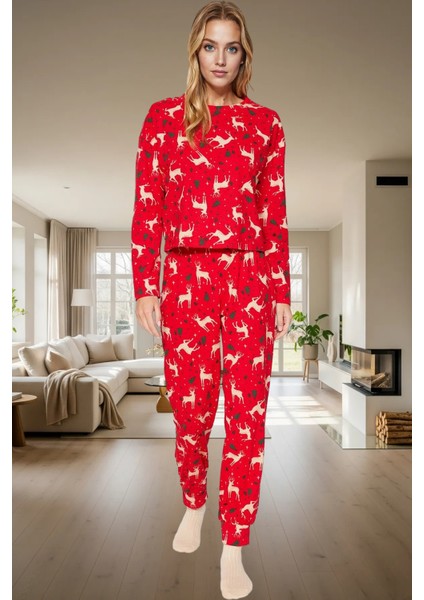 Rahat Yılbaşı Pijama Takımı %100 Pamuk Uzun Kollu Regular Kalıp Profesyonel Görünüm Yüksek Kalite