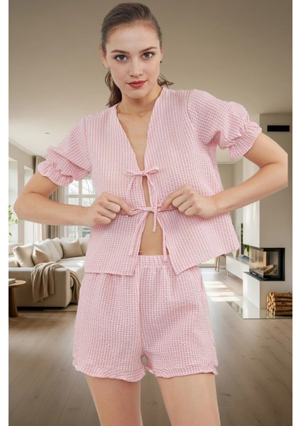 Nefes Alan Gofre Dokuma Pijama Takımı Ekose Şortlu V Yaka Günlük Kullanım Için fiyatları