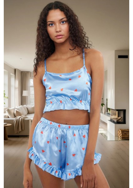 2 Parça Rahat Saten Pijama Takımı V Yaka Atlet ve Boru Paça Şort Trend Tasarım Modern Stil