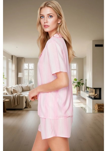 Çizgili Viskoz Dokuma Pijama Takımı Şortlu ve Rahat Seçkin Malzeme