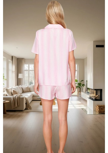 Çizgili Viskoz Dokuma Pijama Takımı Şortlu ve Rahat Seçkin Malzeme modelleri
