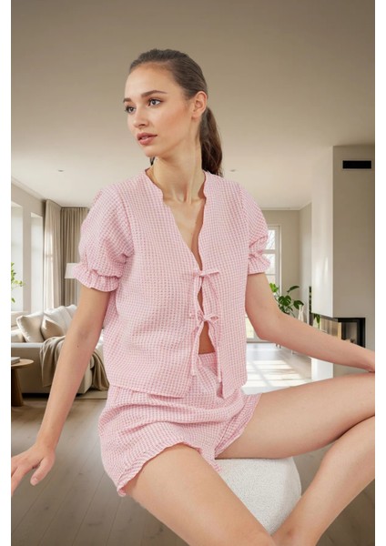 Nefes Alan Gofre Dokuma Pijama Takımı Ekose Şortlu V Yaka Günlük Kullanım Için