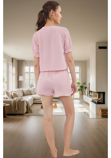Nefes Alan Gofre Dokuma Pijama Takımı Ekose Şortlu V Yaka Günlük Kullanım Için modelleri