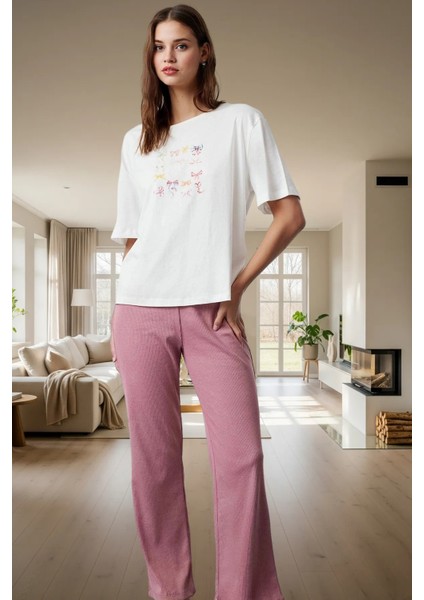Kurdele Baskılı Pijama Takımı Nefes Alan Polyester Pamuk Karışımı Rahat ve Şık Özenle Seçilmiş