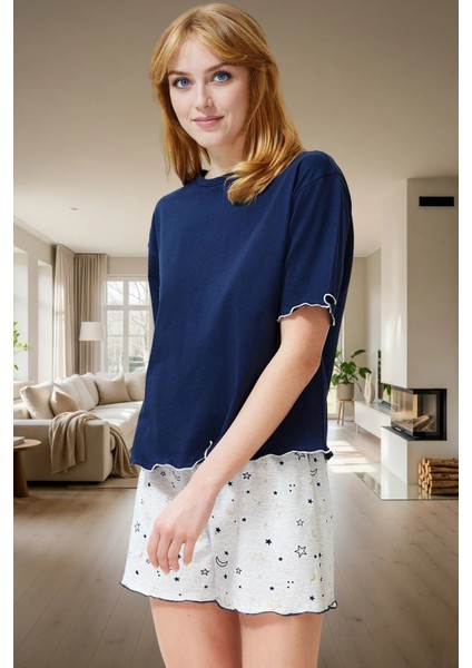 Yazlık Örme Pijama Takımı Galaksi Desenli Baby Overlok Detaylı Modern Stil Konforlu Kesim