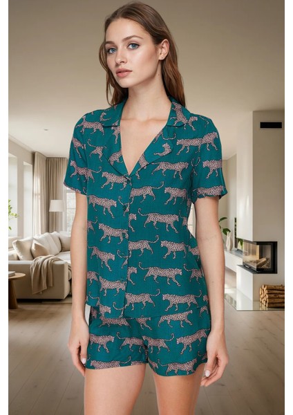 Yazlık Animal Desenli Pijama Takımı Shally Dokuma Viskoz Rahat Kalıp Dayanıklı Malzeme
