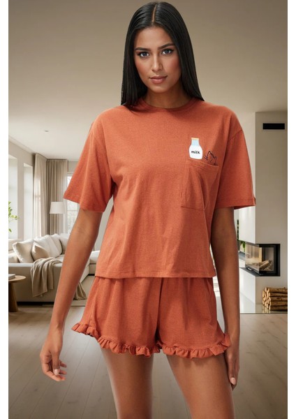 Baskılı Örme Pijama Takımı Fırfırlı Şort ve Rahat Tişört Yaz Için Ideal Kaliteli Işçilik fiyatları