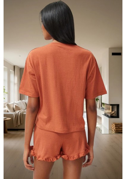 Baskılı Örme Pijama Takımı Fırfırlı Şort ve Rahat Tişört Yaz Için Ideal Kaliteli Işçilik modelleri