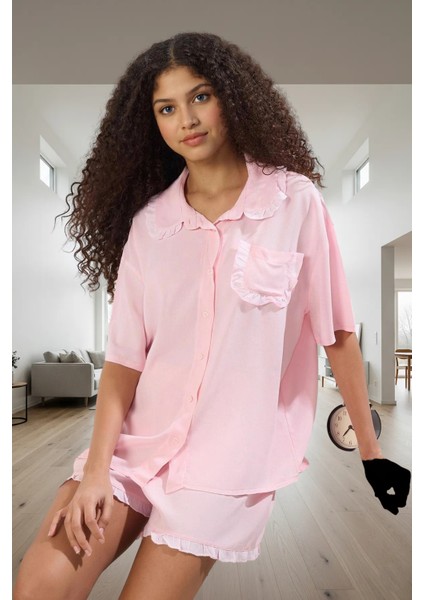 Homewear Yazlık Şortlu Pijama Takımı Viskoz Fırfır Detaylı Rahat Kalıp Premium Kalite