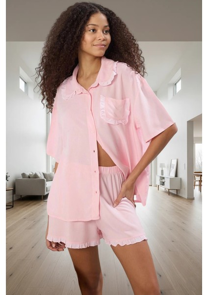 Homewear Yazlık Şortlu Pijama Takımı Viskoz Fırfır Detaylı Rahat Kalıp Premium Kalite fiyatları