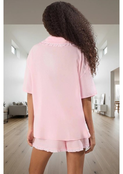Homewear Yazlık Şortlu Pijama Takımı Viskoz Fırfır Detaylı Rahat Kalıp Premium Kalite modelleri