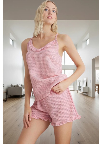 Rahat Ev Giyim Takımı Ekose Dokuma Pijama Fırfırlı Detay Kullanım Trend Tasarım