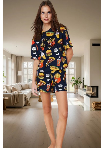 Yazlık Kısa Kollu Çok Baskılı Örme Pijama Takımı Yüksek Kalite Modern Stil Rahat ve Şık