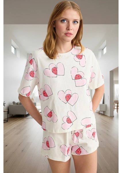 Homewear %100 Pamuklu Kalp Desenli Pijama Takımı Regular Kalıp Şık Görünüm