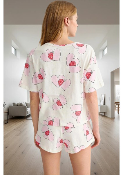 Homewear %100 Pamuklu Kalp Desenli Pijama Takımı Regular Kalıp Şık Görünüm modelleri