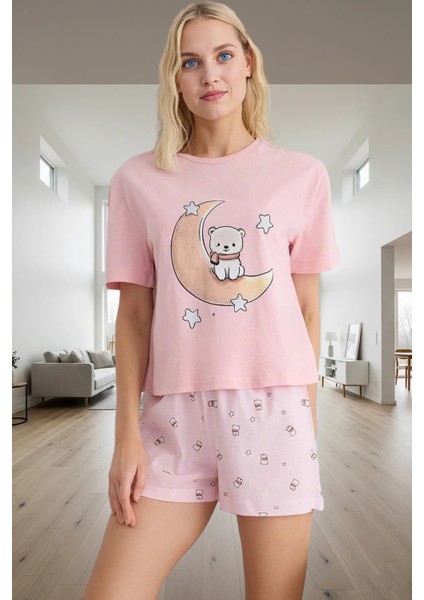 Yazlık %100 Pamuk Ayıcık Desenli Rahat Pijama Takımı Dayanıklı Malzeme Mükemmel Uyum Özel Tasarım