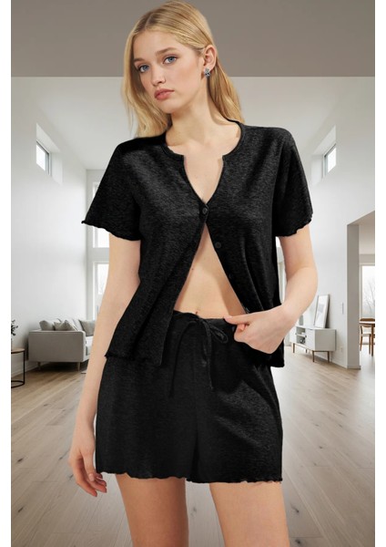 Örme Kumaştan Rahat Pijama Takımı Düğmeli Gömlek ve Boru Paça Şort Profesyonel Görünüm fiyatları