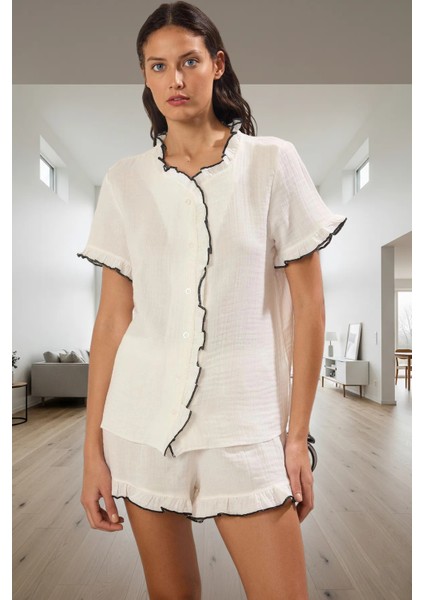 Rahat ve Şık Pijama Takımı Müslin Kumaş Fırfırlı Detaylar Görünüm Kaliteli Işçilik fiyatları