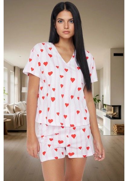 Çok Kalp Desenli Pamuk Örme Pijama Takımı Rahat Yazlık Uyku Seti Premium Kalite