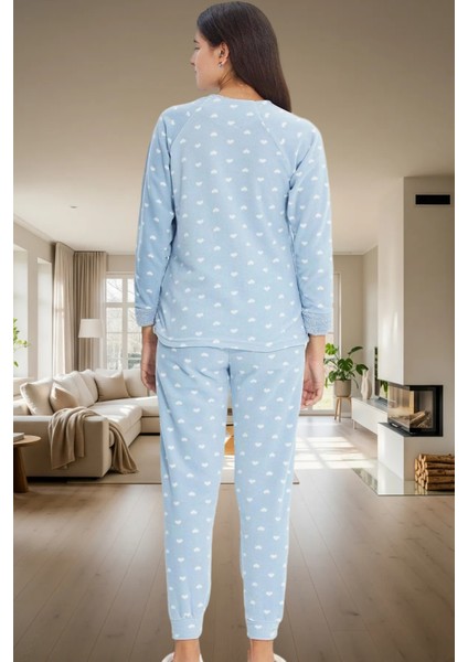Yumuşak Polar Kumaşlı 3lü Pijama Takımı Kalpli Desenli Kışlık Set Trend Tasarım modelleri